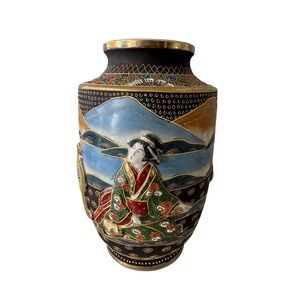 Vintage Japanese Satsuma Moriage Vase Geisha Mount Fuji Gold Gilt 12.5 Inch